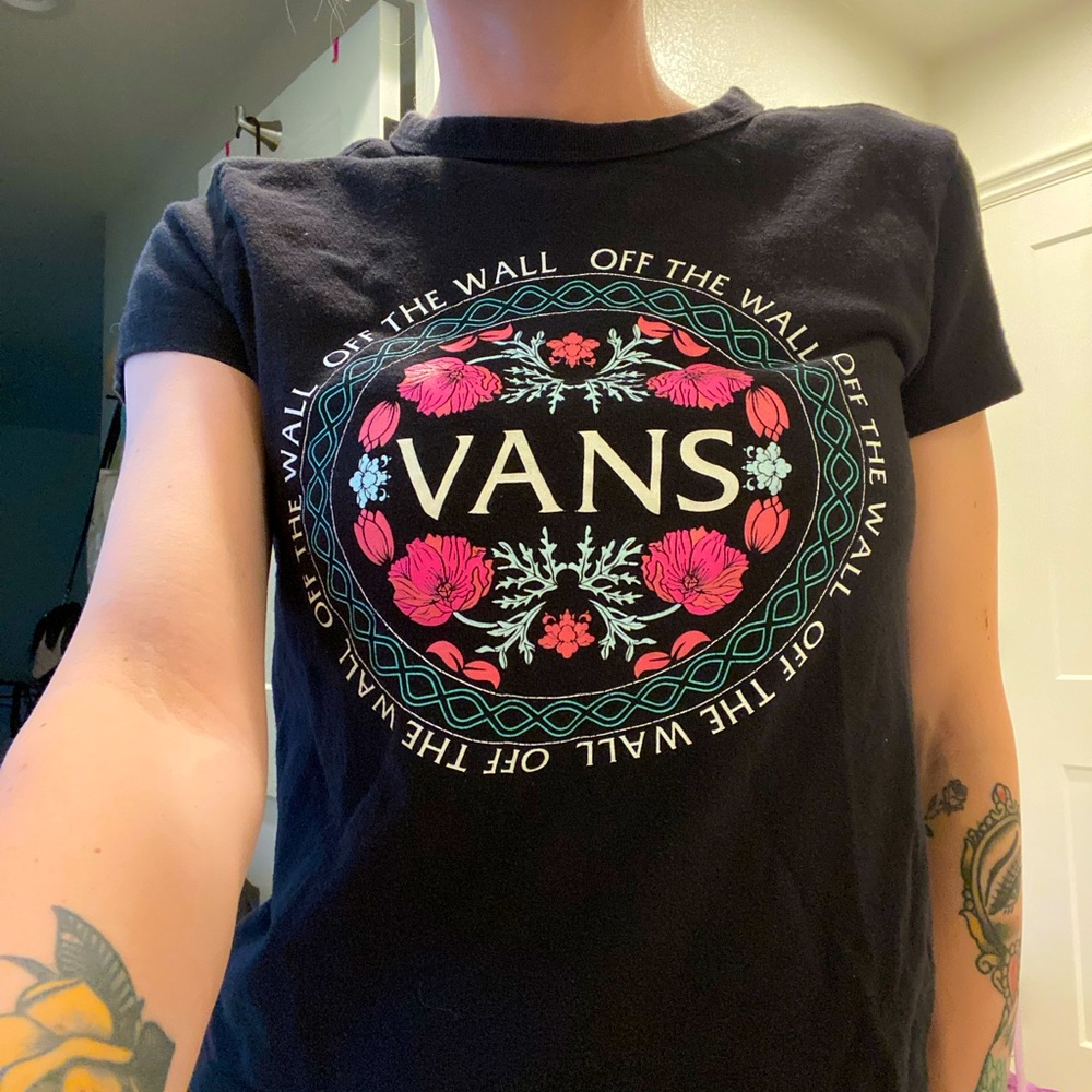 Vans Fitted Black Shirt with Pink and Blue Flower design